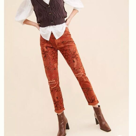 Anthropologie Pilcro Slim Boyfriend Jeans Women's Sz 31 Rust Orange Crop Ripped - Picture 2 of 14